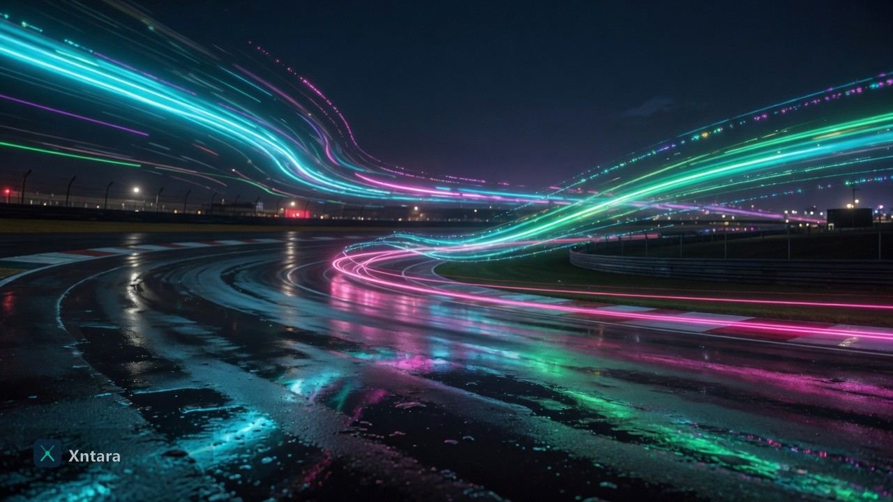 Night track light trails with Xntara branding