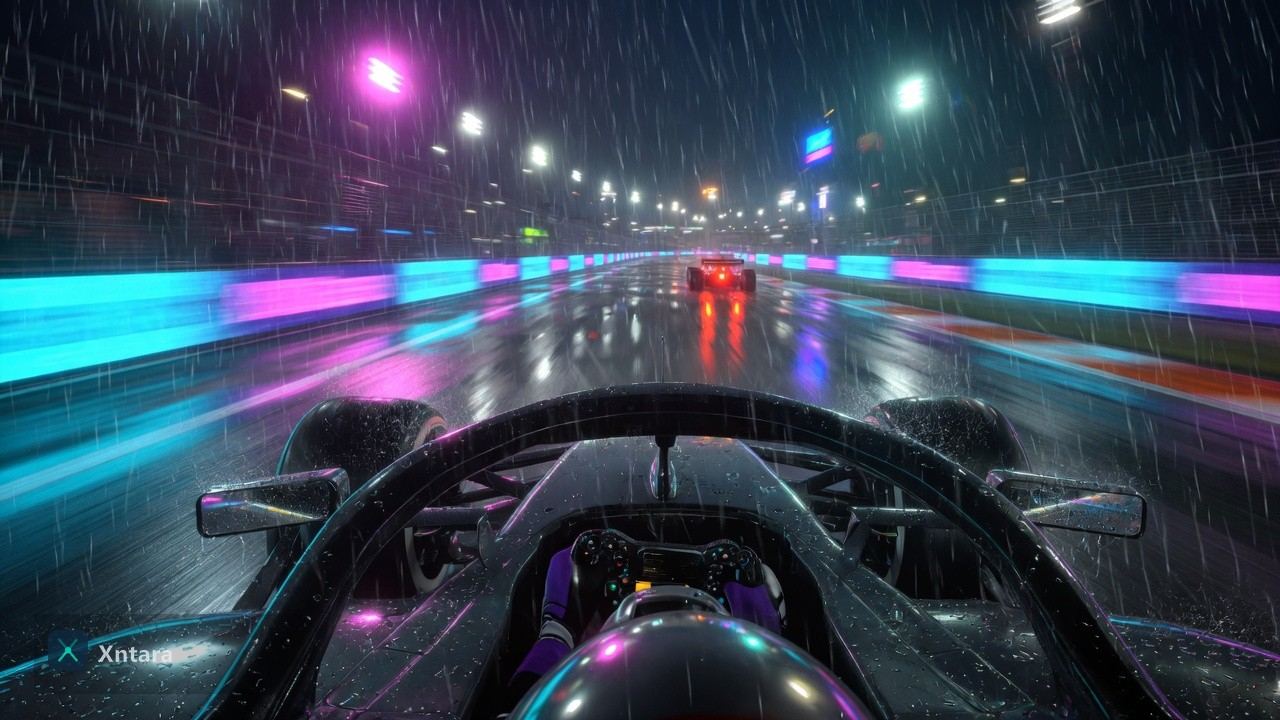 Night circuit cockpit with Xntara brand telemetry atmosphere