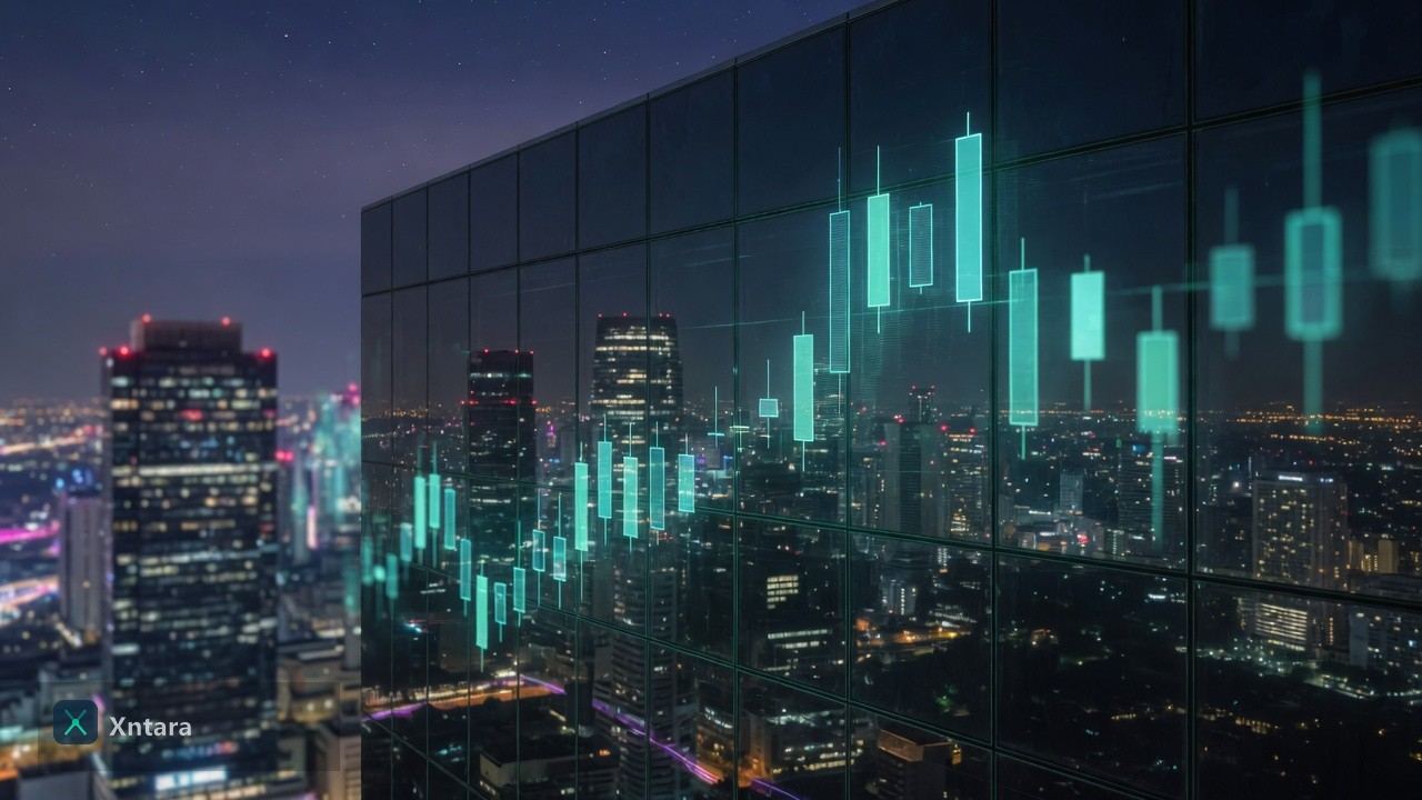 Xntara markets hub neon skyline visual